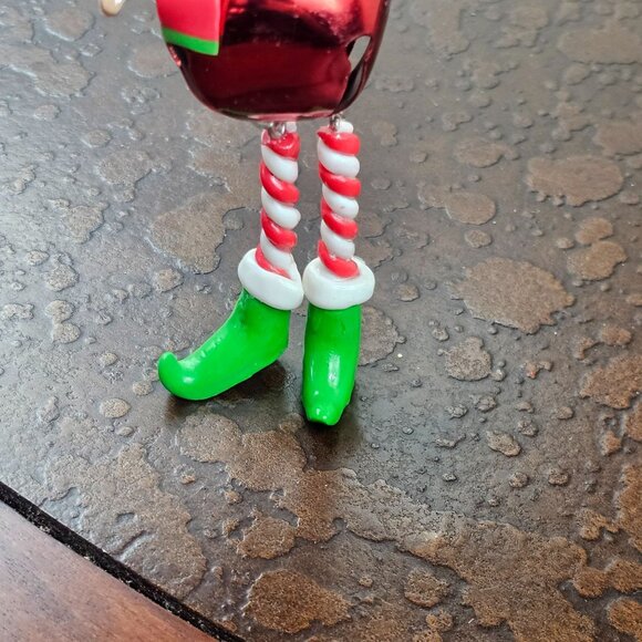 Christmas Elf Ornament Metal Bell Red Green Striped Scarf Holiday Dangling Legs - Picture 6 of 8